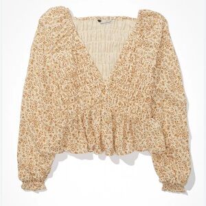 American Eagle Long Sleeve Smocked Babydoll Blouse